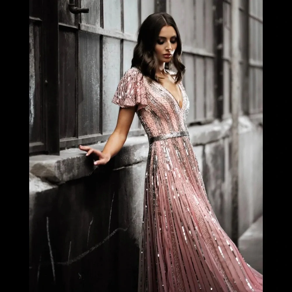 $698 Mac Duggal Size 6 Pink Silver Beaded Sequin V-Neck Long Maxi Dress Gown - Picture 2 of 4